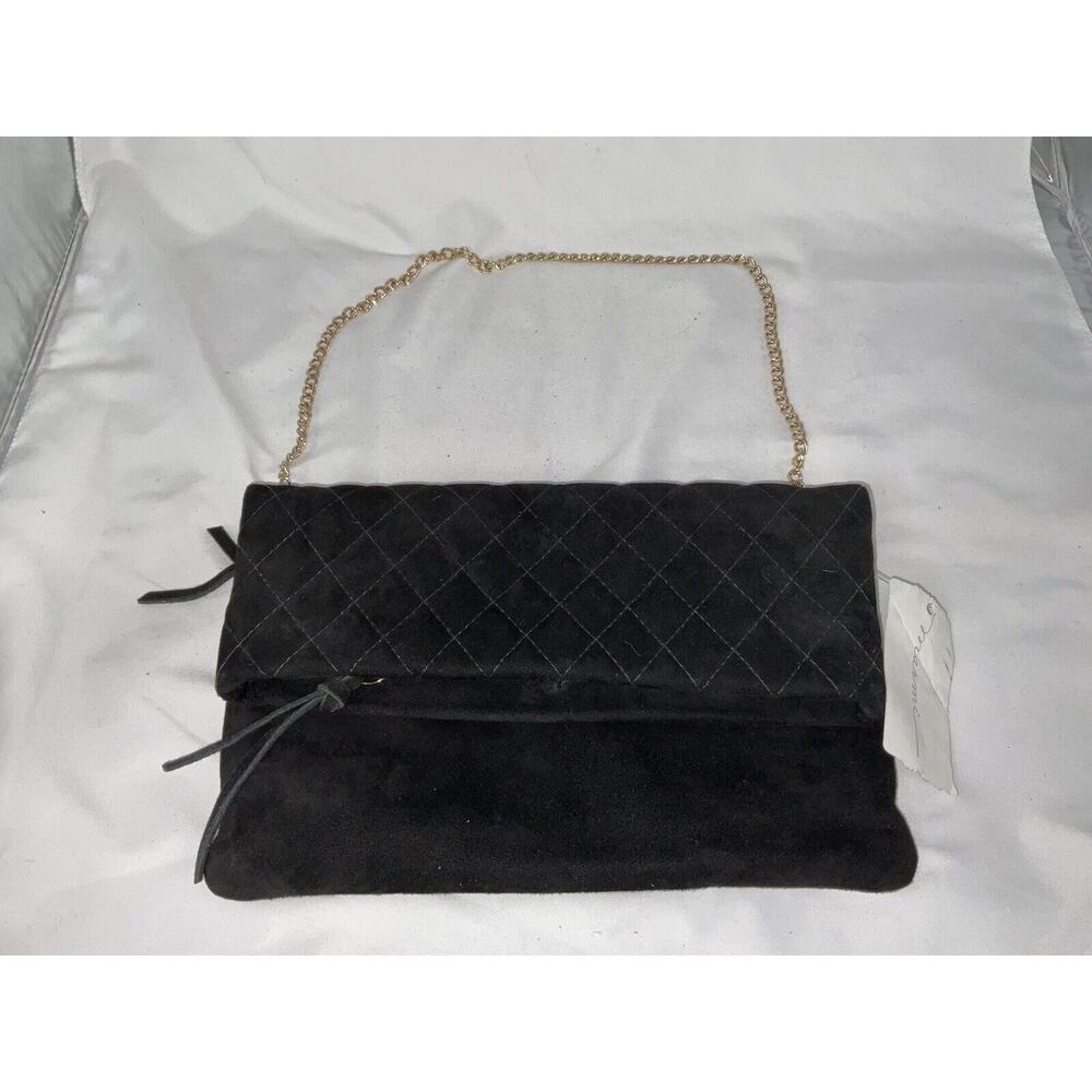 NWT MARMI BLACK SUEDE QUILTED FOLD OVER PURSE HANDBAG CLUTCH GOLD CHAIN